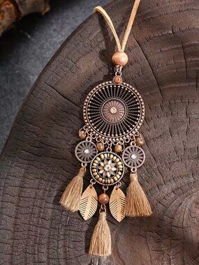 NWT Boho Long Medallion Tassel Pendant Leaf Charm Faux Suede Cord Statement